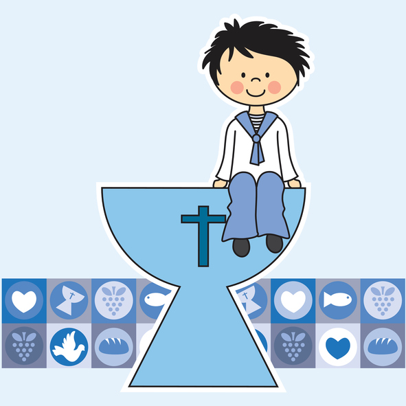 Illustration eines Jungen, der auf einem Taufbecken sitzt